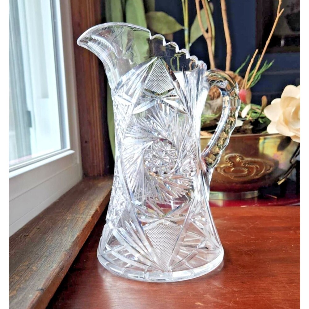 Antique Pitcher ABP Hobstar 9" | Victorian Cut Glass Lemon Water Jug